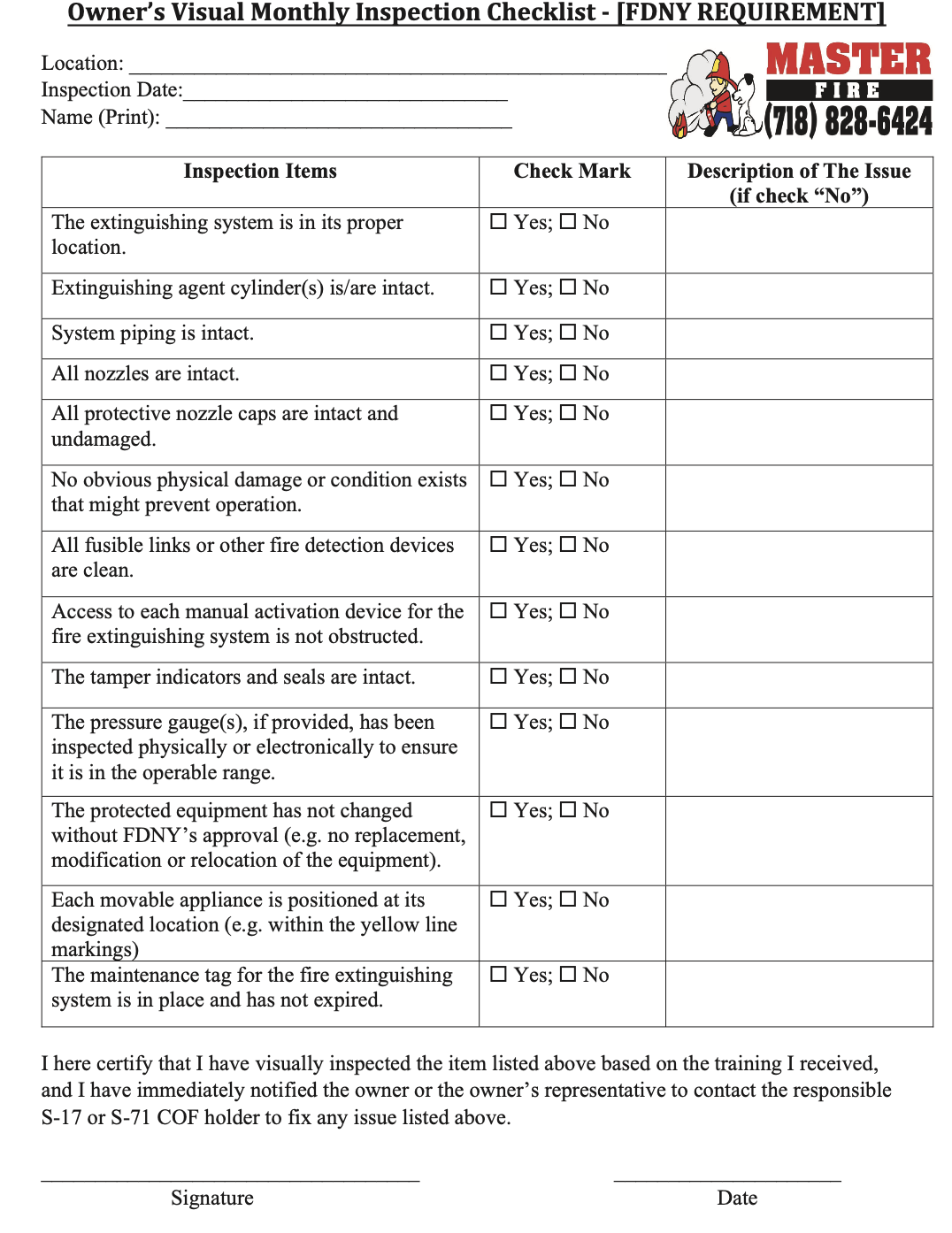 Master Fire Prevention Owner’s Visual Monthly Inspection Checklist - FDNY REQUIREMENT