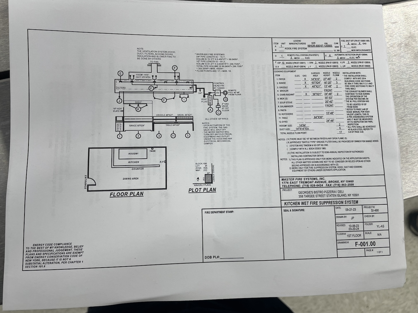Manhattan restaurant fire system plans FDNY approval Master Fire Prevention 1